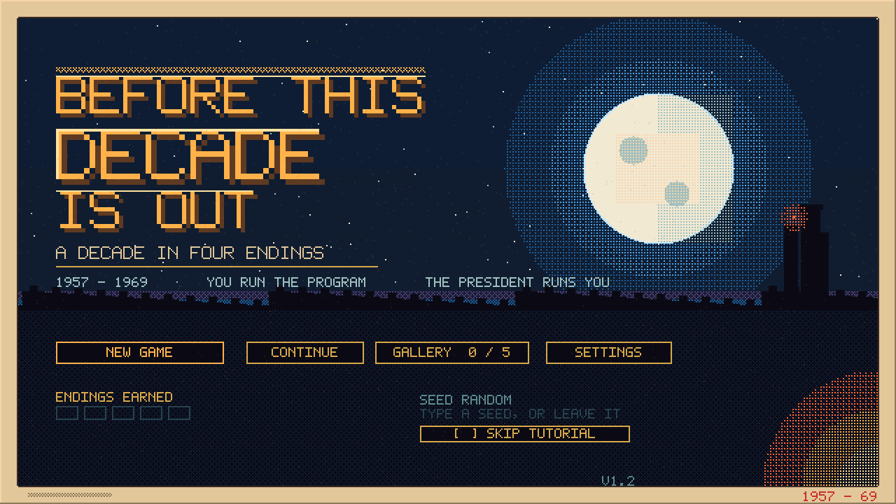 Before This Decade Is Out: amber title lettering over a full Moon and the launch pad at night.