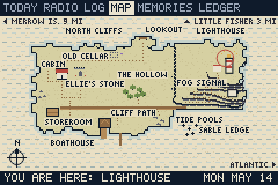 The chart in the logbook: Harrow Rock with the cabin, the Hollow, the cliff path, the storeroom, the boathouse, the tide pools, the fog signal and the lighthouse. Merrow Island is nine miles west; Little Fisher three miles north.