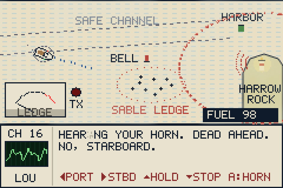 The fog run on channel 16: a chart of the approach with the safe channel, the bell, the ledge and Harrow Rock. Lou's boat is off to the west and the horn's rings spread from the rock. Lou: Hearing your horn. No, starboard.