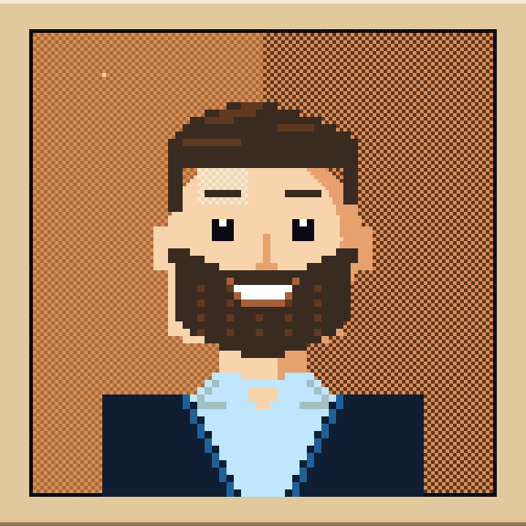 Jack Casady as a pixel portrait from his last game: swept-up dark hair, a full beard, a wide grin and a navy blazer.