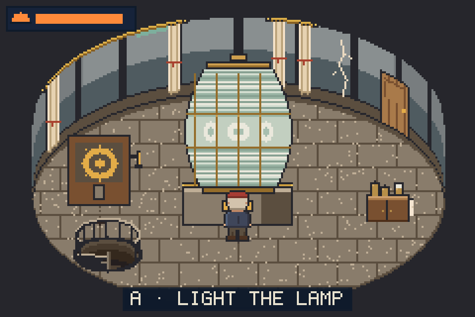 The lantern room at dusk: the big glass lens, the clockwork cabinet, the hatch down to the watch room, and Gordon at the lamp. A: light the lamp.