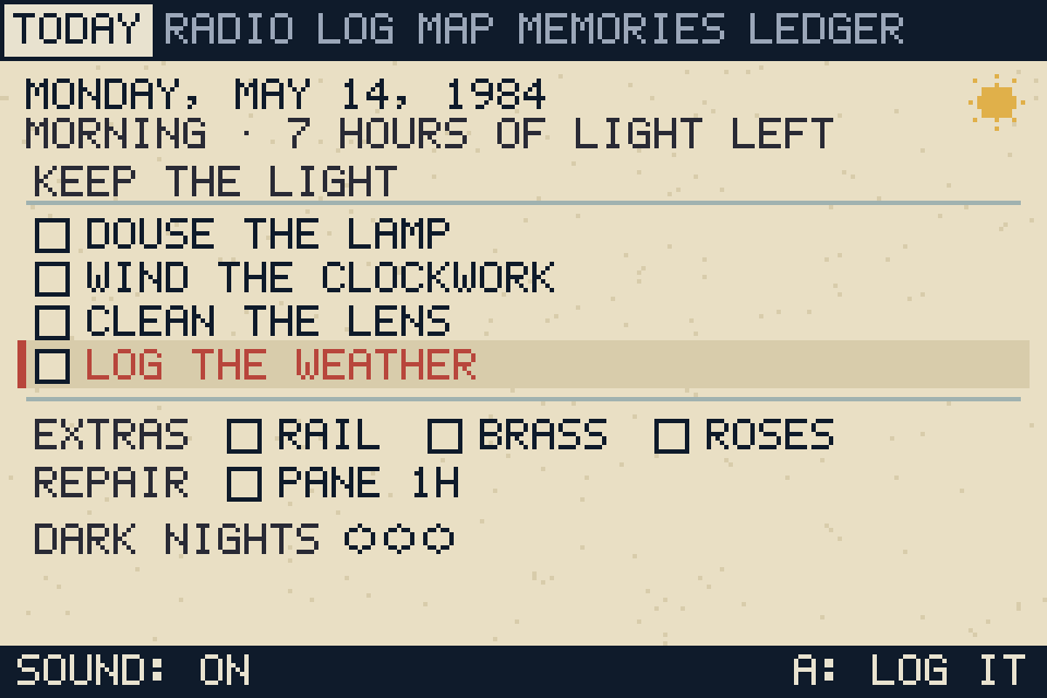 The logbook's Today page for Monday, May 14, 1984: douse the lamp, wind the clockwork, clean the lens, log the weather, with the rail, the brass, the roses and a cracked pane as extras.